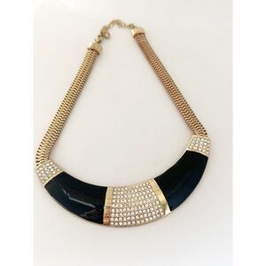 Art Deco Style Black and Gold Rhinestone Bib Necklace Adjustable